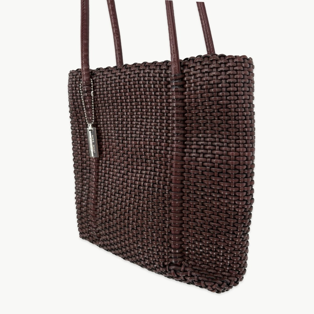 Vintage Nine West Woven Faux Leather Tote Bag Brown Y2K Shoulder Minimalist - Picture 6 of 12